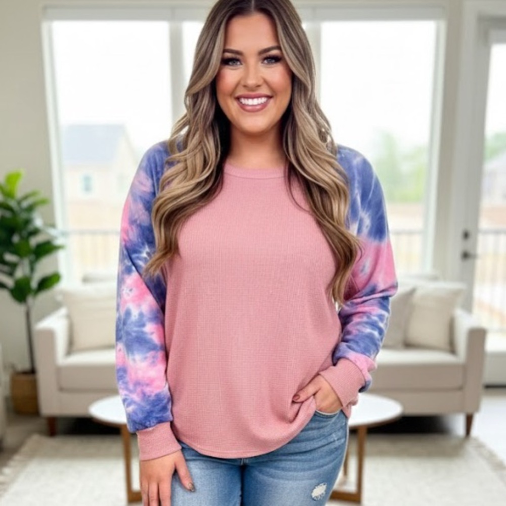 Umgee Pink and Blue Tie-Dye Sleeve Lightweight Sweatshirt size 1XL